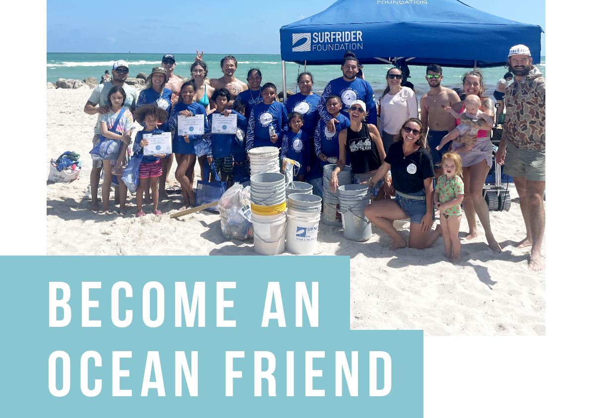 Group photo from a beach cleanup; "Become an Ocean Friend"